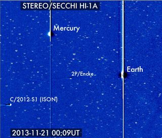 Comet ISON entered the view of NASA's Solar Terrestrial Relations Observatory on Nov. 21, 2013, where it can be seen with Earth, Mercury and comet 2P/Encke.