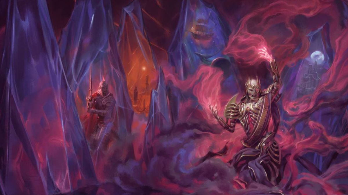 A skeletal Vecna summons swirling red mist, with crystals in the background containing various scenes from D&amp;D history