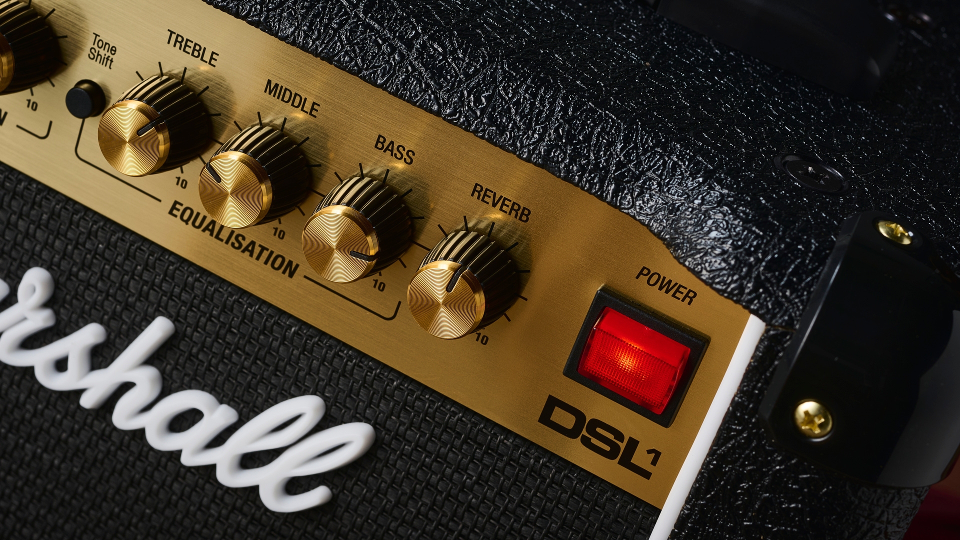 Close up of the power button on a Marshall DSL1CR tube amp