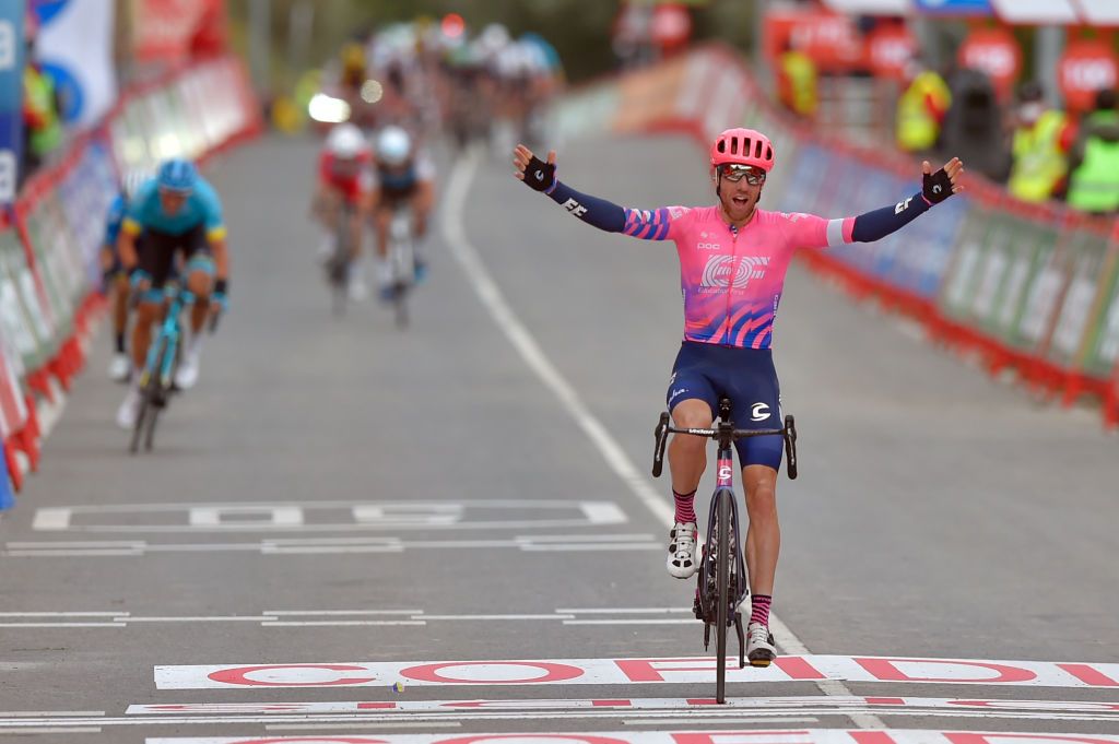 Team EF Pro Cycling rider Canadas Michael Woods celebrates as he crosses the finishline of the 7th stage of the 2020 La Vuelta cycling tour of Spain a 1597 km race from VitoriaGasteiz to Villanueva de Valdegovia on October 27 2020 Photo by ANDER GILLENEA AFP Photo by ANDER GILLENEAAFP via Getty Images