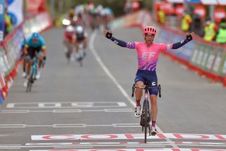 Team Education First rider Canadas Michael Woods celebrates as he crosses the finishline of the 7th stage of the 2020 La Vuelta cycling tour of Spain a 1597 km race from VitoriaGasteiz to Villanueva de Valdegovia on October 27 2020 Photo by ANDER GILLENEA AFP Photo by ANDER GILLENEAAFP via Getty Images