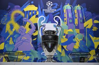 A detailed view of the UEFA Champions League trophy on stage during the UEFA Champions League 2024/25 Knockout Round Play-offs Draw at the UEFA Headquarters, The House of the European Football, on January 31, 2025, in Nyon, Switzerland.