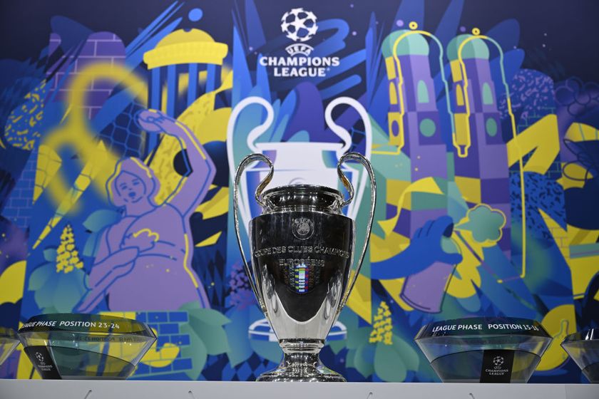 A detailed view of the UEFA Champions League trophy on stage during the UEFA Champions League 2024/25 Knockout Round Play-offs Draw at the UEFA Headquarters, The House of the European Football, on January 31, 2025, in Nyon, Switzerland.