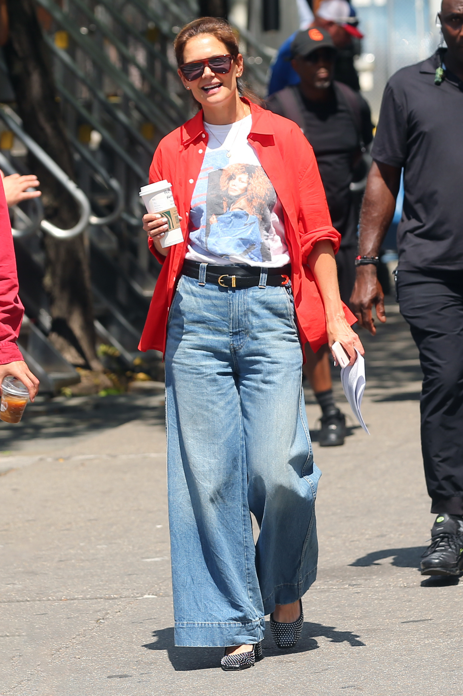 Katie Holmes was spotted on the Happy Hours set in studded ballet flats
