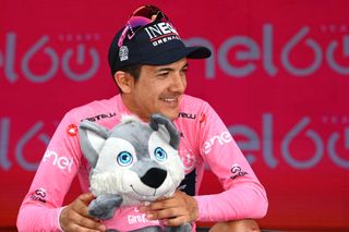 COGNE ITALY MAY 22 Richard Carapaz of Ecuador and Team INEOS Grenadiers Pink Leader Jersey celebrates at podium during the 105th Giro dItalia 2022 Stage 15 a 177km stage from Rivarolo Canavese to Cogne 1622m Giro WorldTour on May 22 2022 in Cogne Italy Photo by Tim de WaeleGetty Images