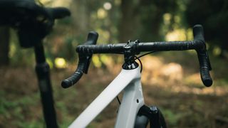 A close up of the handlebars on the YT Industries Szepter, which stands among leafy undergrowth