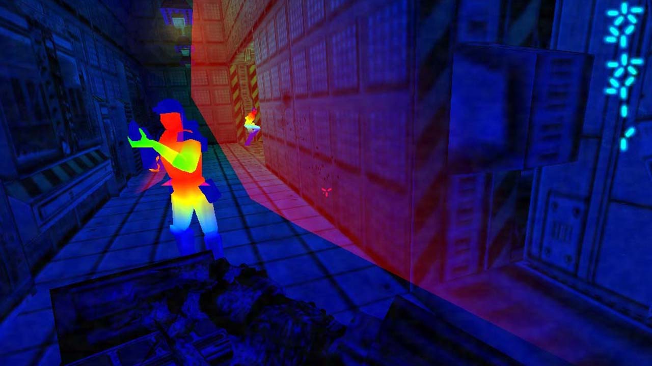 لقطة شاشة من لعبة Alien Versus Predator عام 1999، تُظهر منظرًا لأحد أفراد البحرية من خلال الرؤية الحرارية لـ Predator