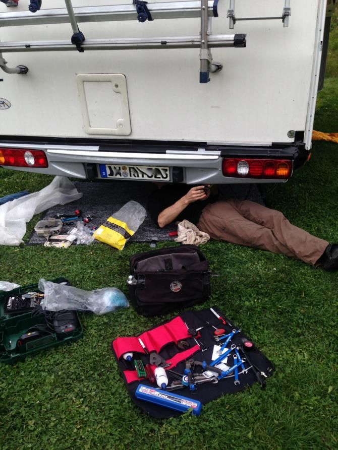 Added bonus: a post-stage challenge of attaching the bumper to the RV with bike tools, tape and spare cleat bolts