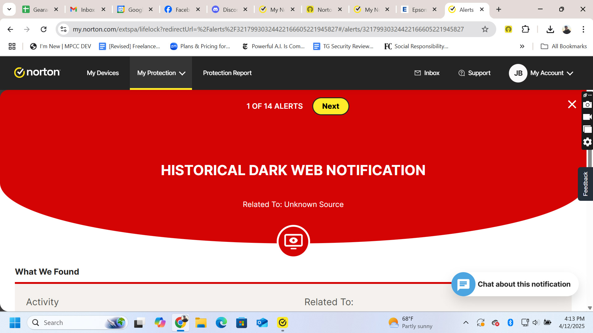 A screenshot of the Norton 360 Deluxe dark web alert page.
