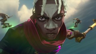 A close up of Ekko flying through the air wielding his metal pipe weapon in Arcane season 2