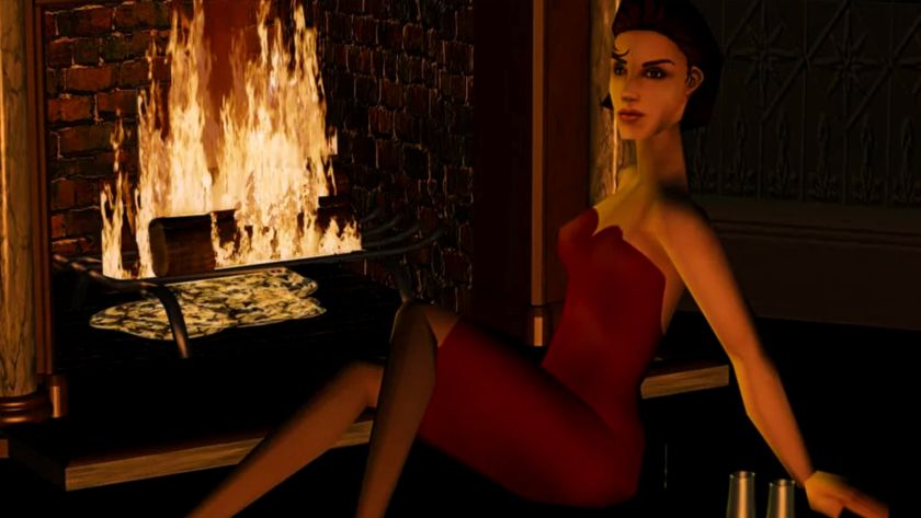 A female sim in a red dress in front of a fire in an official Sims 1 render.