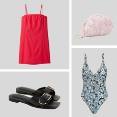Product collage of J.Crew Callie Sandals in Leather, Gap Linen-Blend Mini Dress, CUUP The Plunge One Piece, Simkhai Bridal Bridget Pearl Shell Clutch