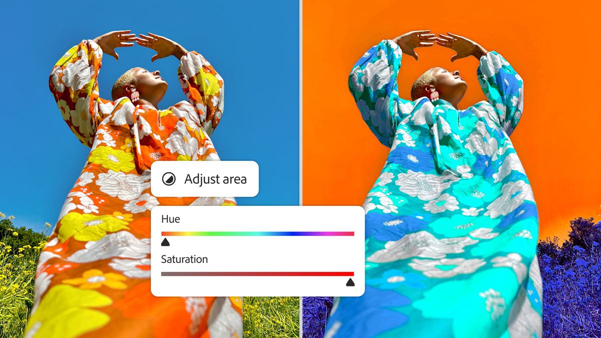 Two photos of a version wearing a colourful coat showing the Photoshop app in action