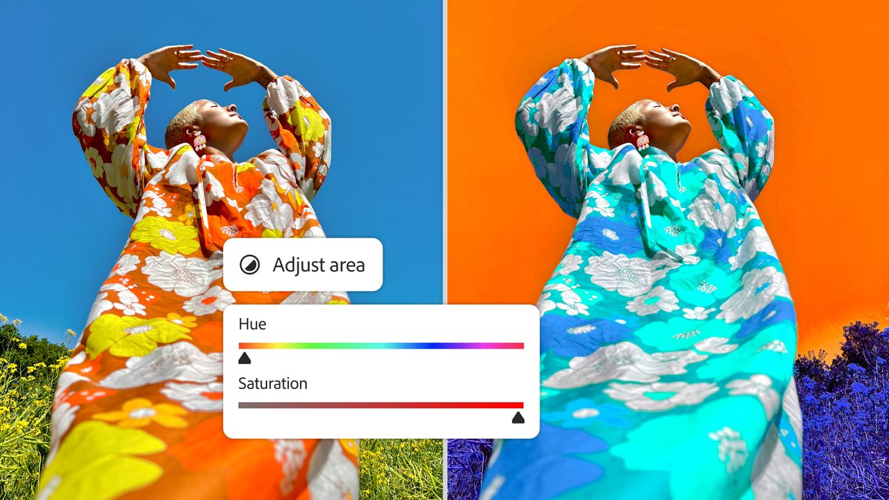 Two photos of a version wearing a colourful coat showing the Photoshop app in action