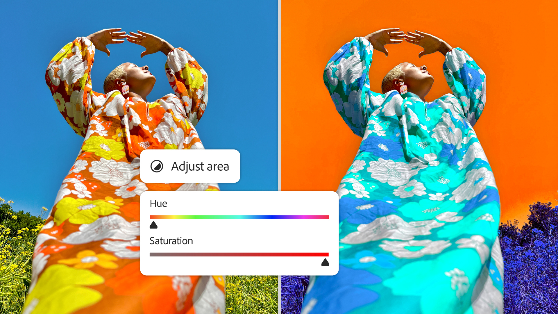 Two photos of a version wearing a colourful coat showing the Photoshop app in action