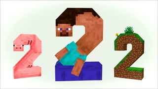 Minecraft 2 thumbnail screenshot showing a pig, Steve, and dirt block all shaped like large number twos