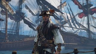 Windrose - Pirate player character standing in front of their fleet of ships