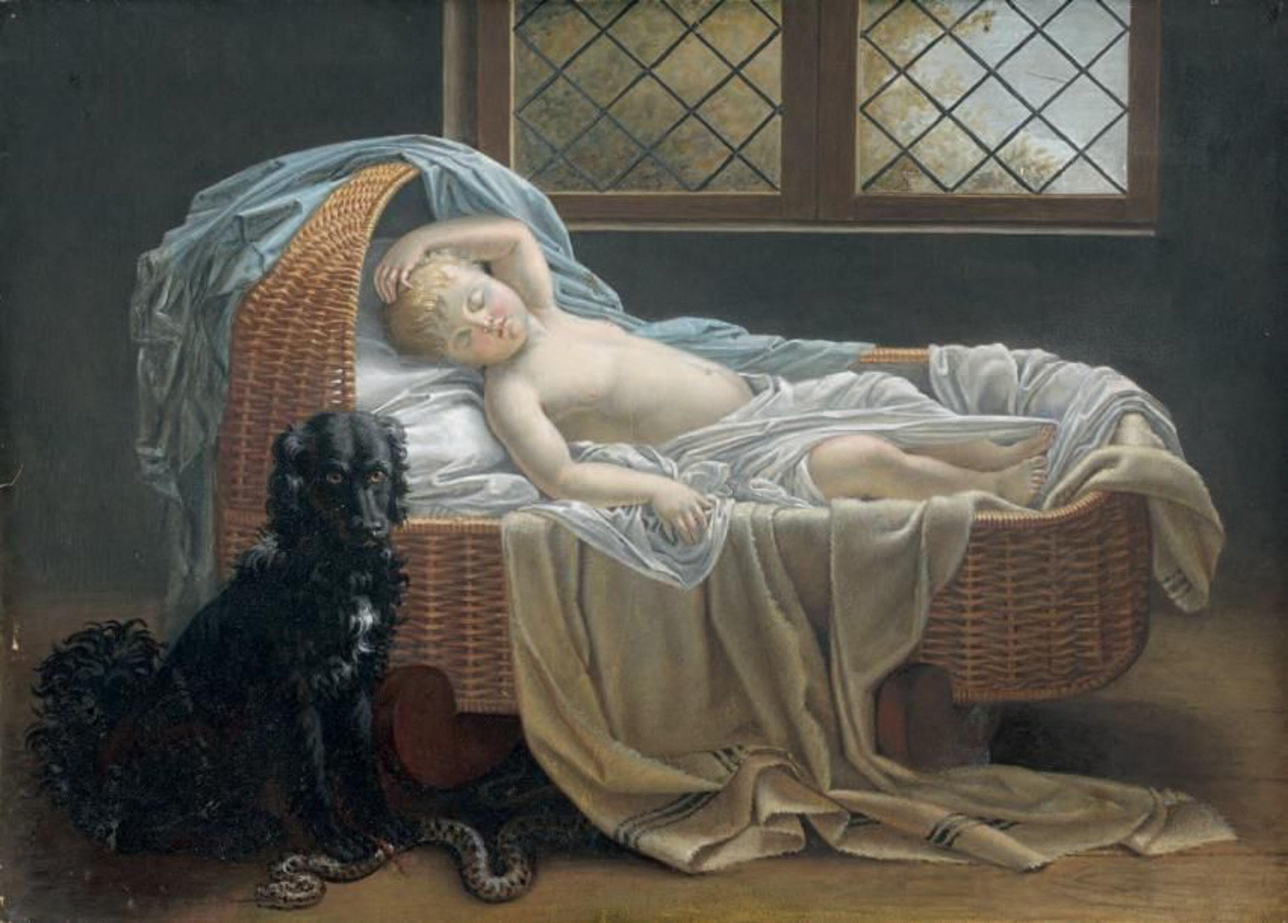 A painting of a dog standing guard over a small child, asleep in a rattan cot