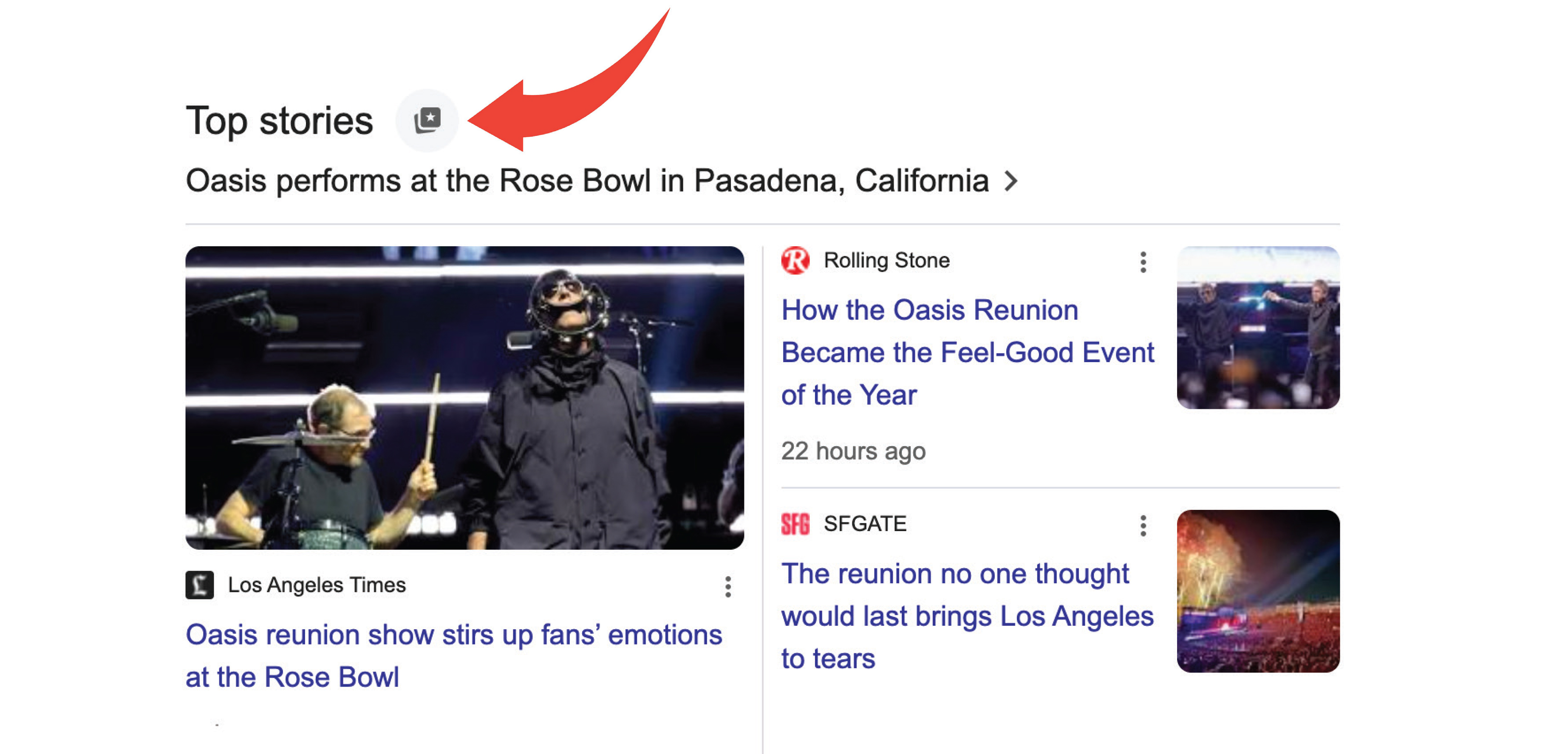 A screen grab showing Oasis trending stories with the Google preferred sources star icon highlighted by a red arrow