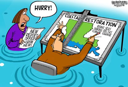Political cartoon U.S. coastal restoration climate change