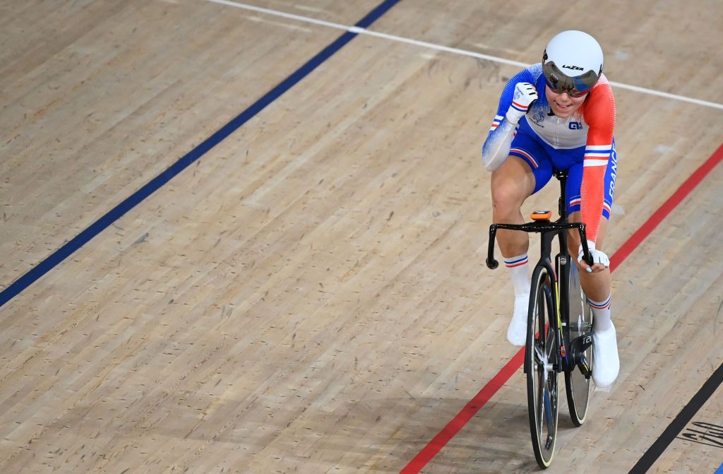 Frances Clara Copponi celebrates after winning the womens track cycling omnium elimination race during the Tokyo 2020 Olympic Games at Izu Velodrome in Izu Japan on August 8 2021 Photo by Greg Baker AFP Photo by GREG BAKERAFP via Getty Images
