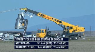 This screenshot from Red Bull Stratos' webcast shows the capsule that will carry skydiver Felix Baumgartner to a height of 23 miles (37 km) for his record-setting attempt at the world's highest skydive