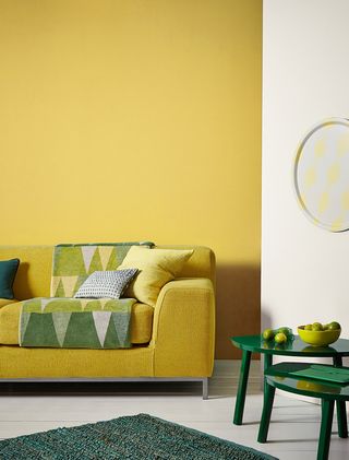 mustard yellow living room with mustard walls and a mustard sofa