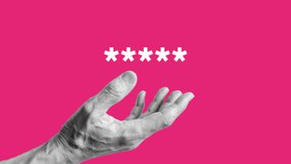 Asterisks on a pink background over a black and white human hand.