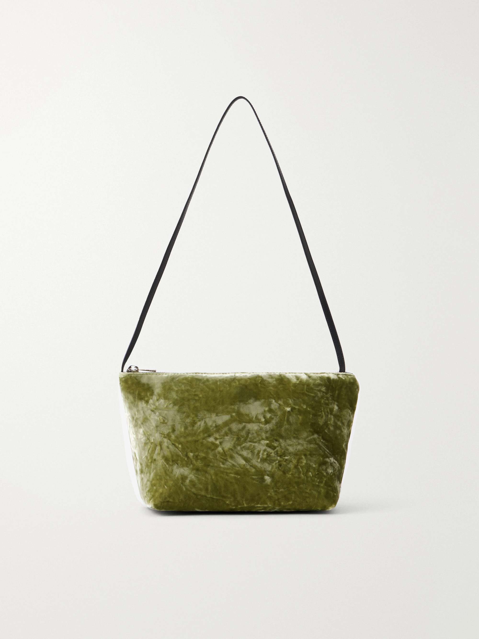 Corset Leather-Trimmed Crushed-Velvet Shoulder Bag