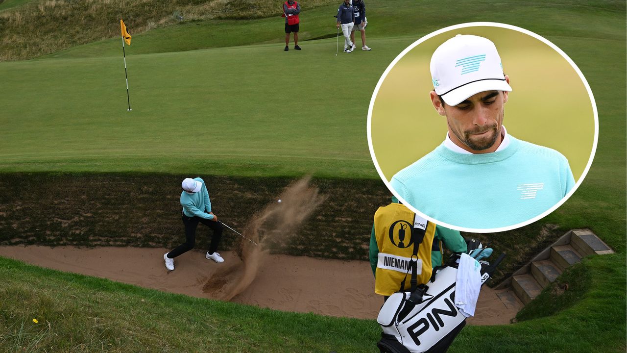 Joaquin Niemann playing out of a bunker at the Open Championship