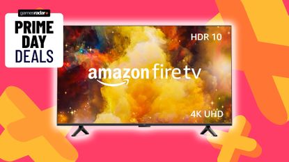 Amazon Fire TV with Prime Day deals badge on left and red backdrop with yellow plus symbols