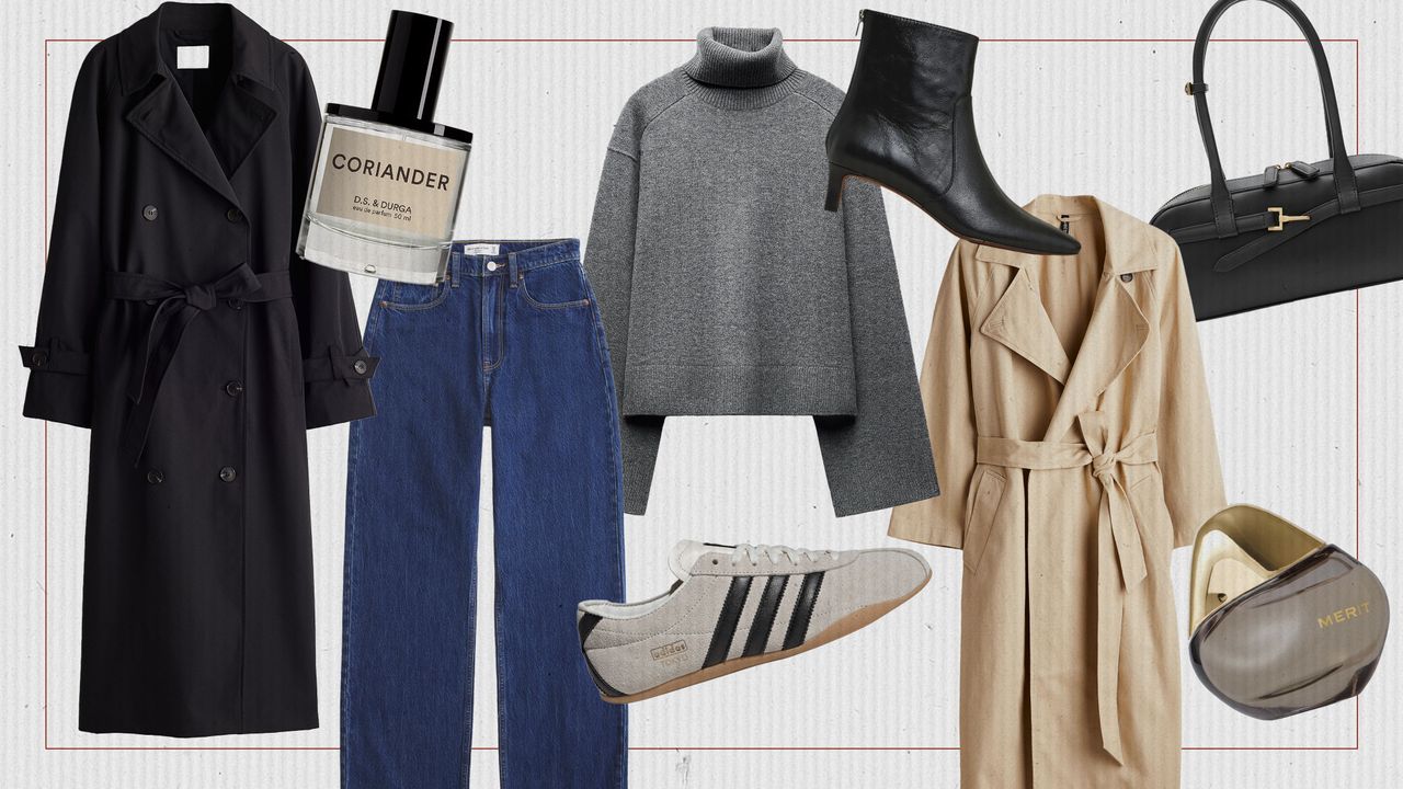 Collage of trending fragrances and elevated winter pieces, including a trench coat, jeans, a turtleneck, and shoes.