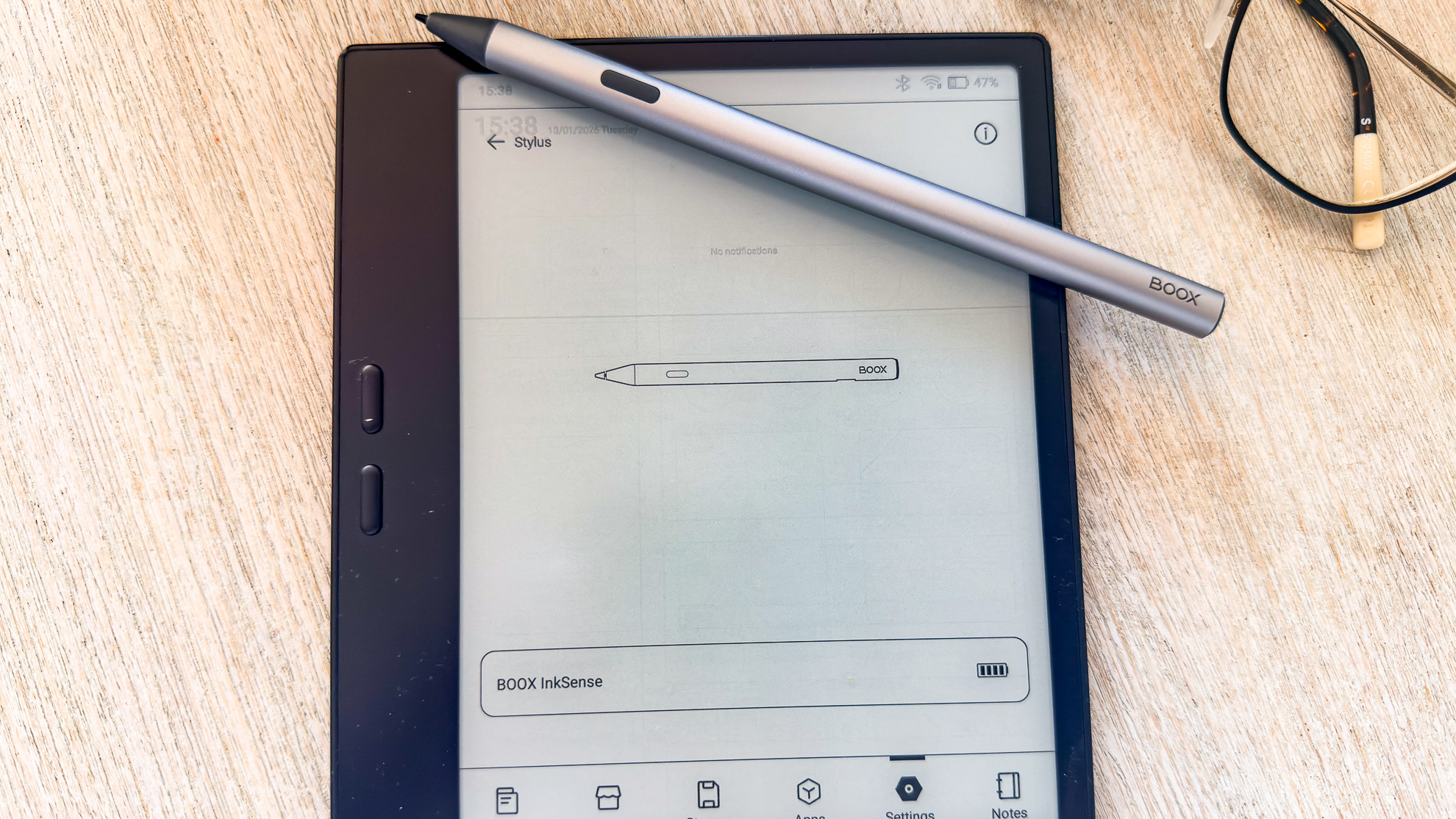 The stylus setup page on the Boox Go 7 ereader