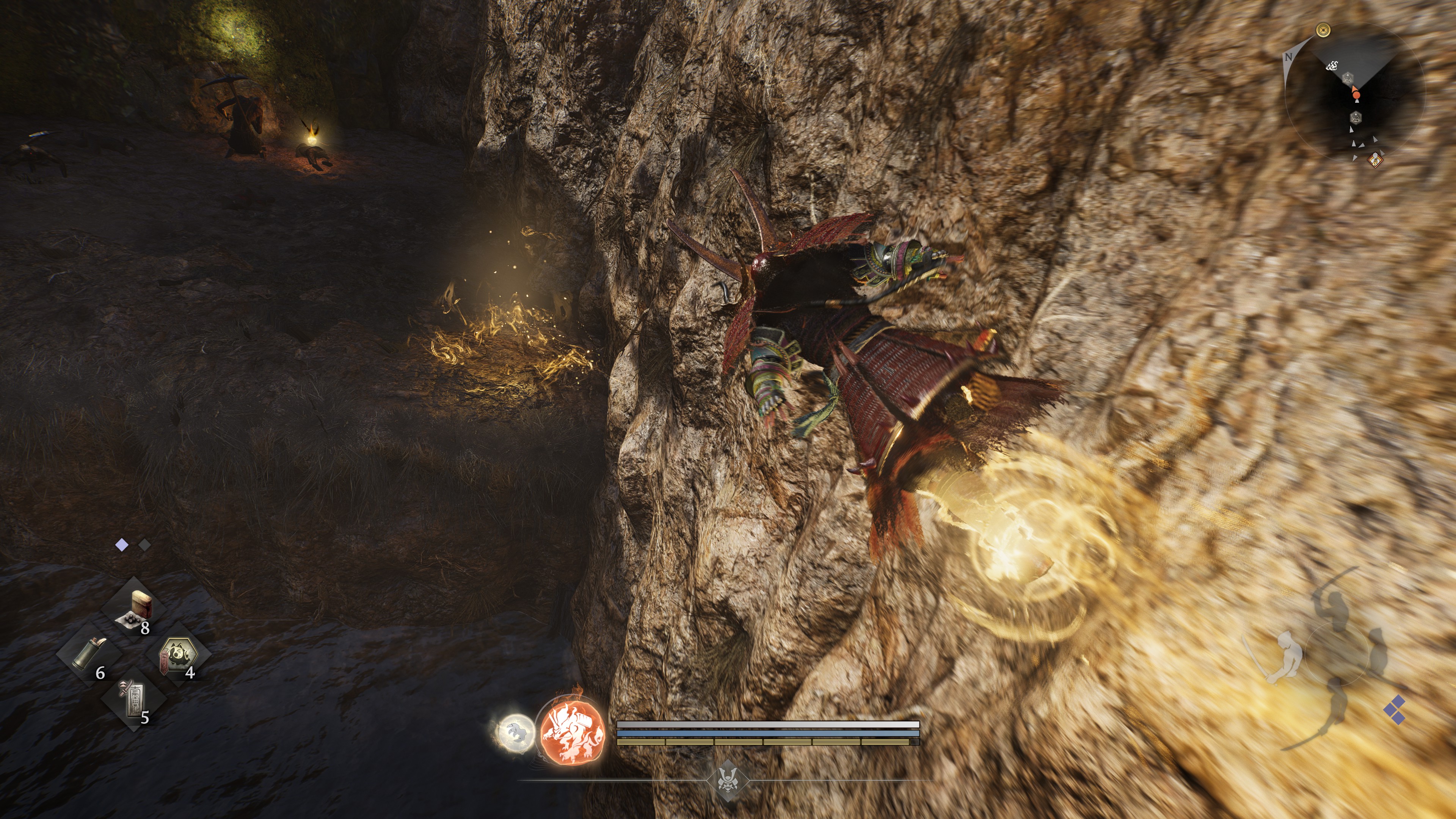 Running along a sheer cliff in Nioh 3.