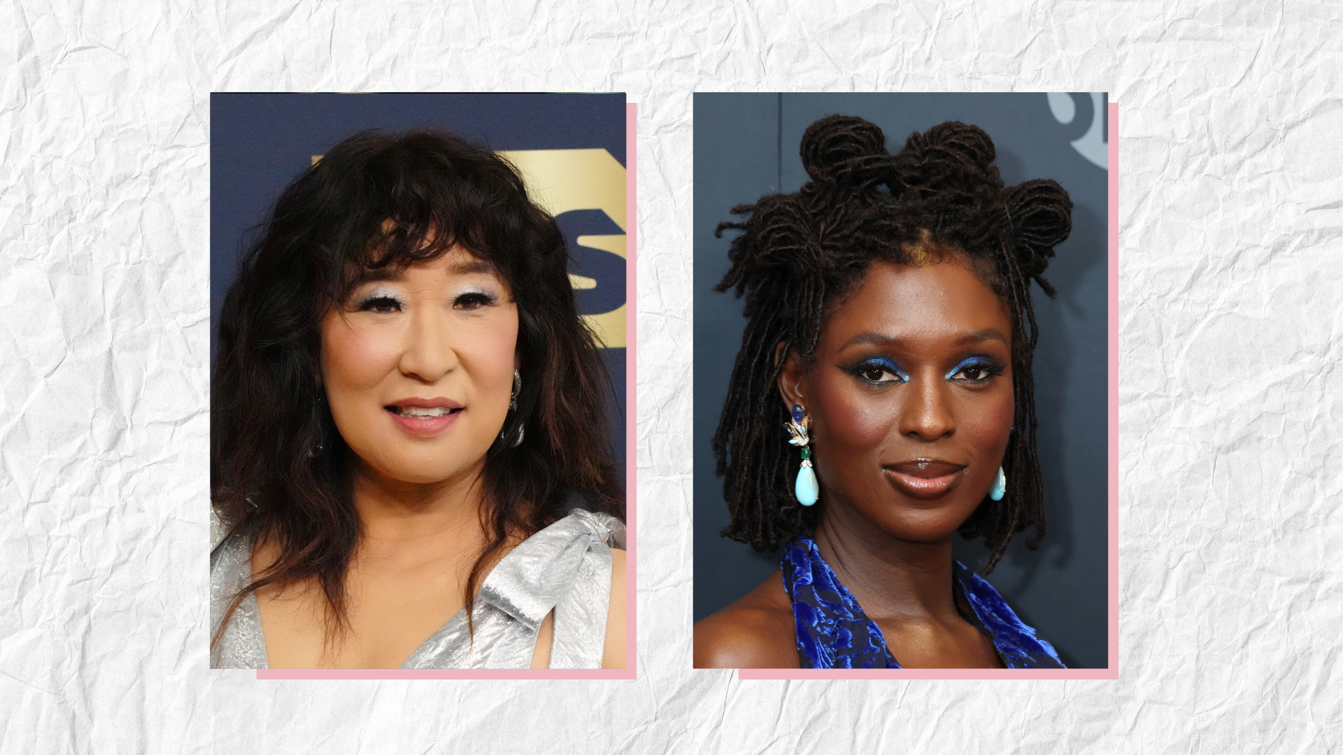 Two adjacent images of Sandra Oh (left) and Jodie Turner-Smith (right) set in pink frames against a crumpled paper effect background 