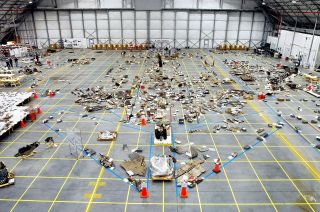 Debris from the fallen space shuttle Columbia as seen in May 2003 during a reconstruction effort as part of the accident investigation. The debris was later moved into the Columbia Preservation and Research Office in the Vehicle Assembly Building at the Kennedy Space Center in Florida.
