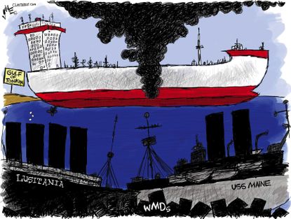 Political Cartoon U.S. Gulf of Tonkin USS Maine Sinking Ship Lusitania