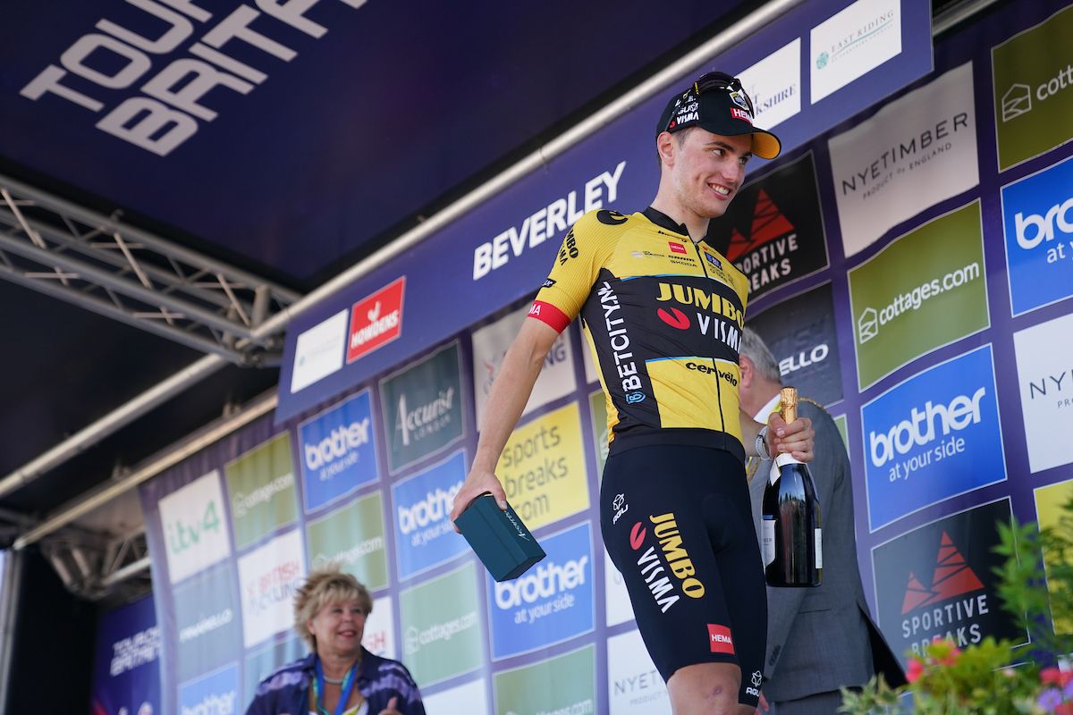 Picture by Zac Williams/SWpix.com - 03/09/2023 - Cycling - 2023 Tour of Britain - Stage 3: Google to Beverley (154.7km) - Olav Kooij of Team Jumbo Visma (Wearing the Leaders Jersey) Celebrating his victory in Stage 3 of the 2023 Tour of Britain in Beverley with Wout van Aert of Team Jumbo Visma