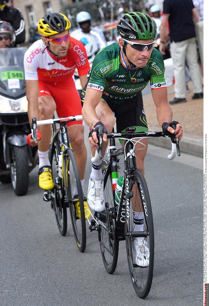 Thomas Voeckler (Europcar) leads Luis Mate (Cofidis) in the day's breakaway