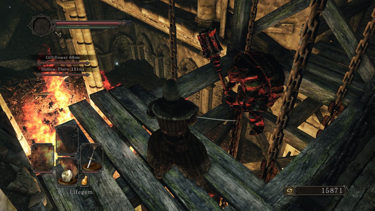 DS2 seamless co-op swordsman standing by floating red turtle enemy