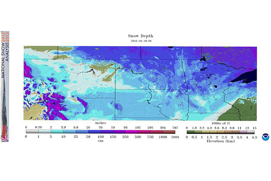 The map above (from the National Operational Hydrologic Remote Sensing Center) shows that 91.9 percent of the Upper Midwest is covered by snow on April 23, 2013.