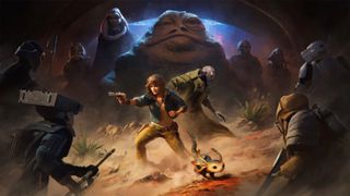 Kay Vess surrounded by characters from Star Wars Outlaws, Jabba can be seen in the background