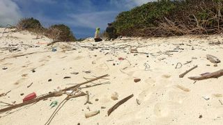 closeup shot of plastic debris on a sandy beach, with two people in the background