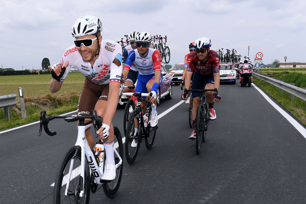 NOVARA ITALY MAY 09 Larry Warbasse of United States and AG2R Citren Team Rudy Molard of France and Team Groupama FDJ Alex Dowsett of United Kingdom and Team Israel StartUp Nation during the 104th Giro dItalia 2021 Stage 2 a 179km stage from Stupinigi Nichelino to Novara girodiitalia Giro UCIworldtour on May 09 2021 in Novara Italy Photo by Tim de WaeleGetty Images