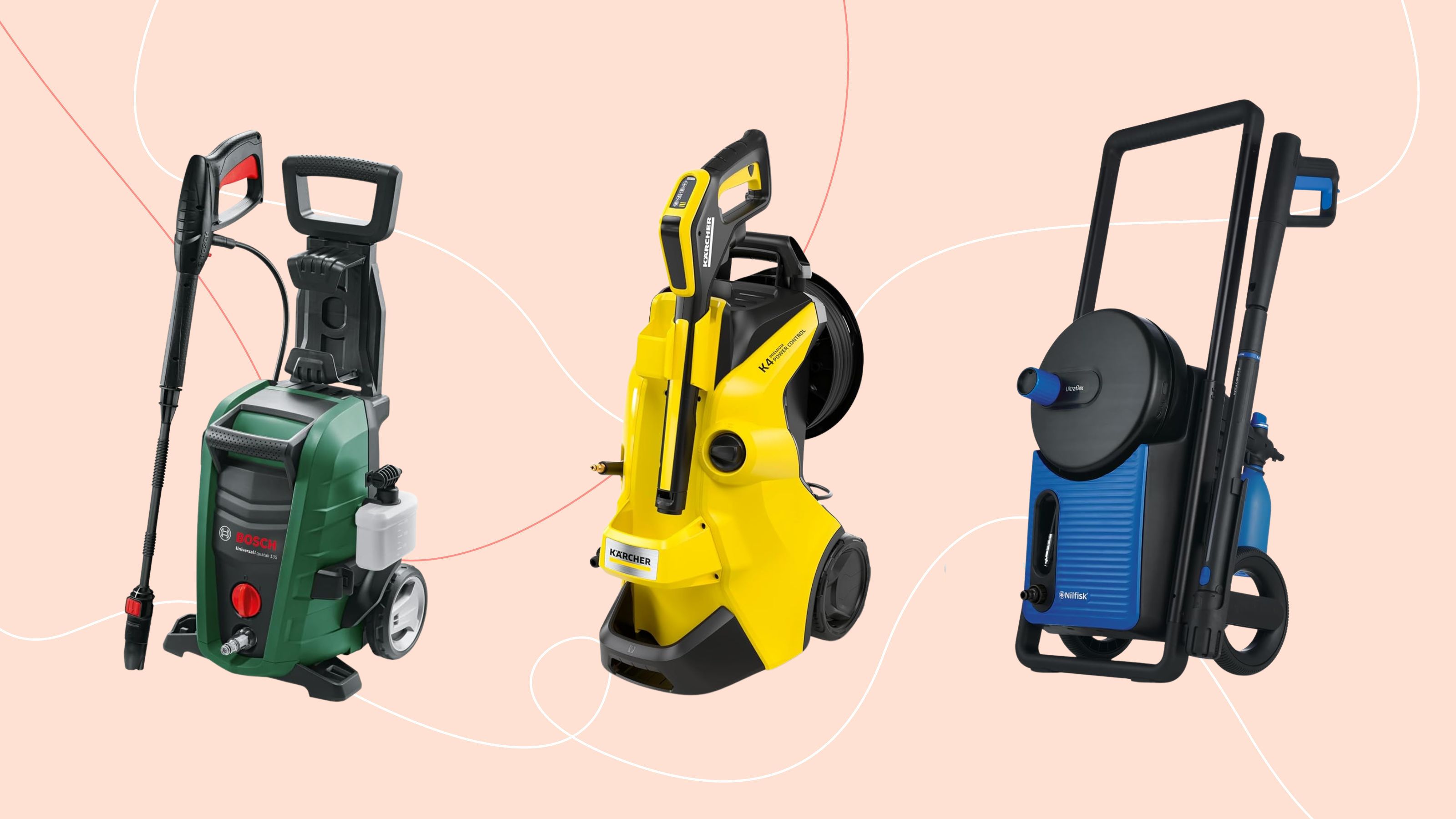 Bosch UniversalAquatak 135 High Pressure Washer, K&auml;rcher K 4 Power Control Home Pressure Washer and Nilfisk Excellent 160 Bar Pressure Washer on pink background
