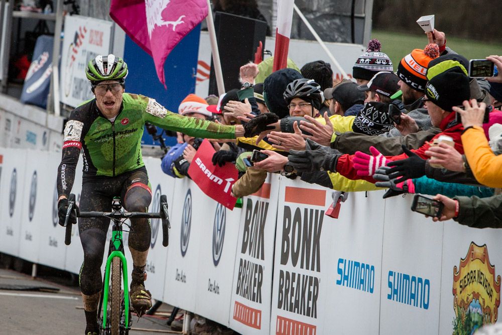 Stephen Hyde (Cannondale) gets congratulations from fans as he crosses the finish