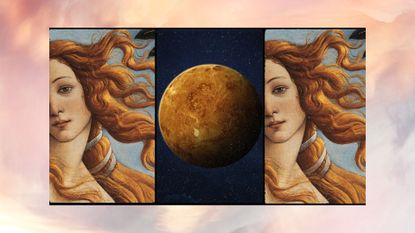 a golden sunset background with two photos of venus the goddess and venus the planet in between meant to represent venus retrograde