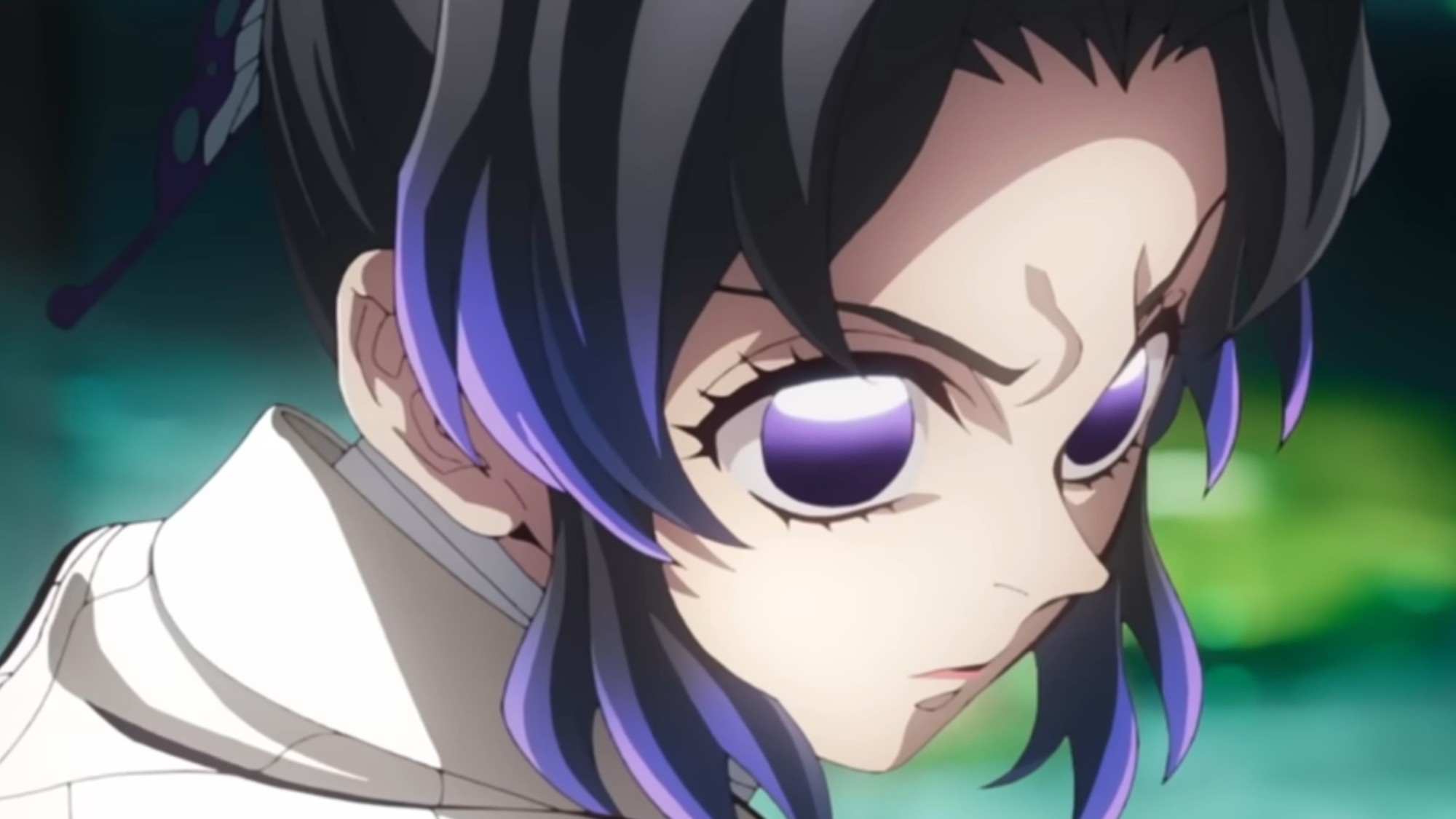 Shinobu Kocho with an intense glare in Demon Slayer: Kimetsu no Yaiba &amp;ndash; The Movie: Infinity Castle