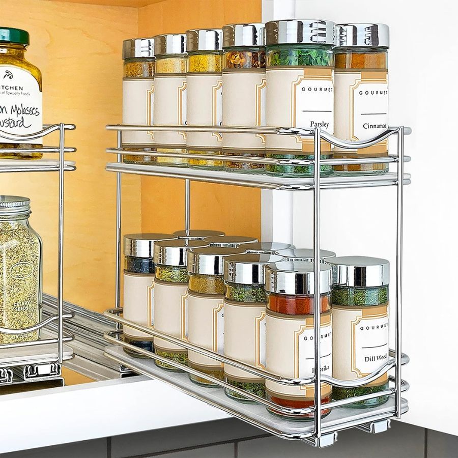 A tiered chrome spice rack organizer