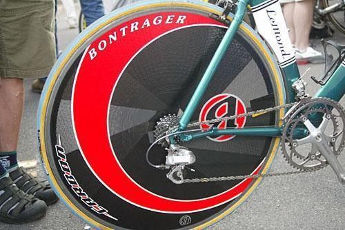 A close-up of the Bontrager Race X Lite TT carbon disc wheel; a consequence of SRAM's supplying the team with sprockets and chains is that the team still run on Dura-Ace nine-speed.